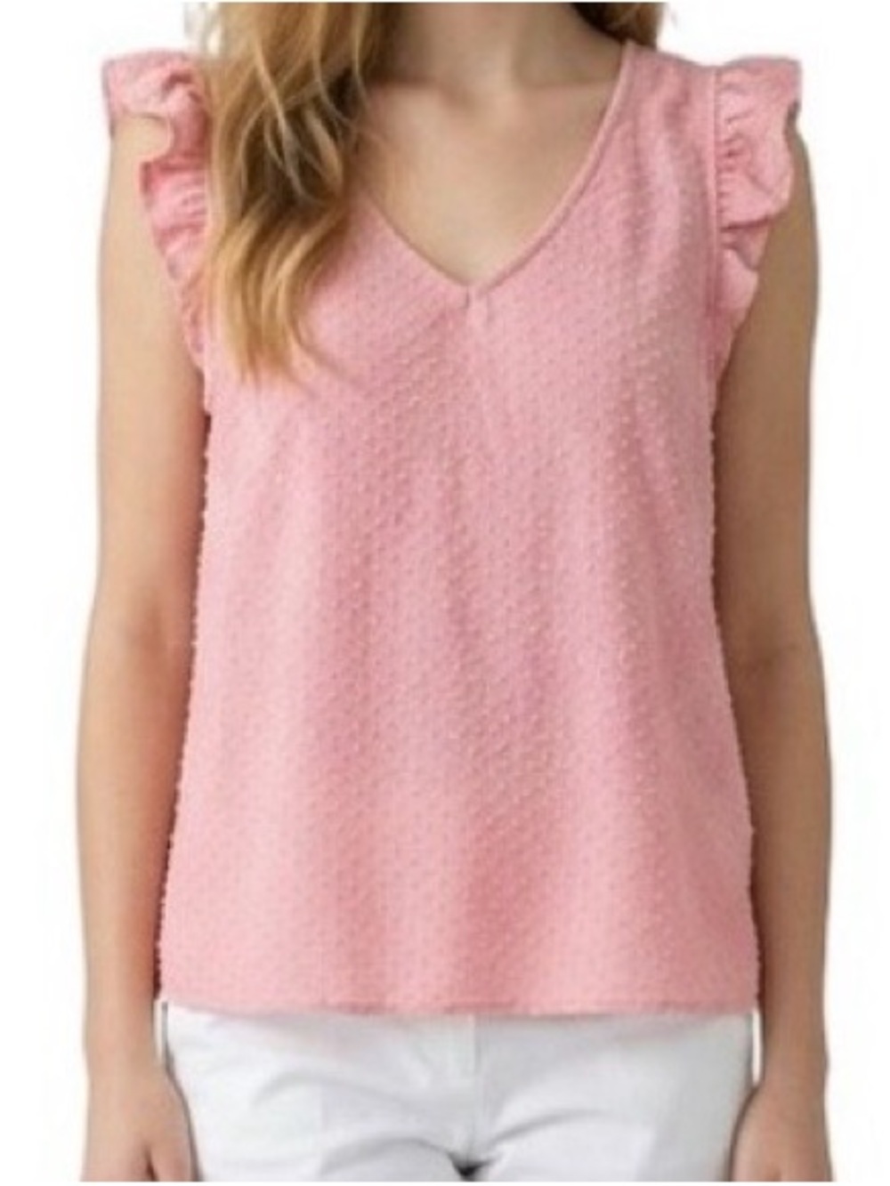 Swiss Dot Ruffle Women's Pink Textured V-Neck Sleeveless Top